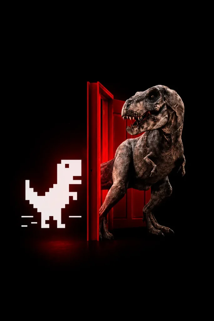 pixel dinosaur walking through door and becoming fully animated dinosaur