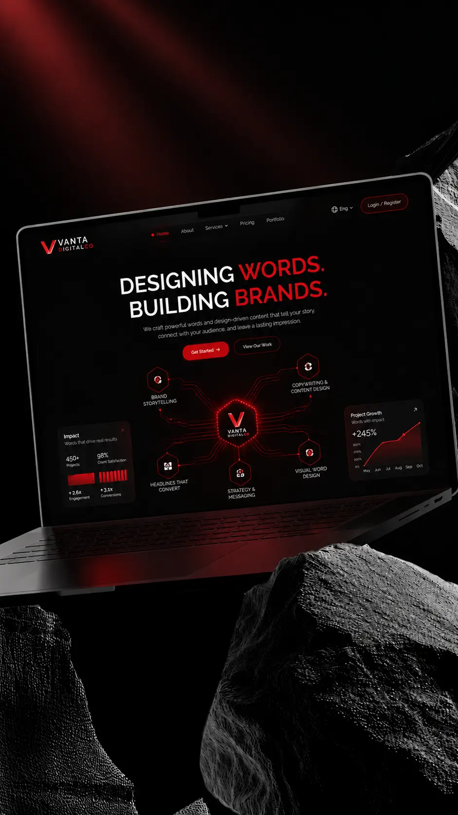 Modern Vanta Digital Co web design website displayed on a floating laptop with a black background, subtle red spotlight, and premium red-and-black UI showcasing professional web design, branding, and digital marketing services.